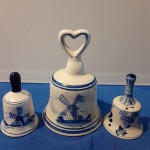 3 pc Vintage Hand Painted Delft Bell Blue & White Hand Painted Signed Lot